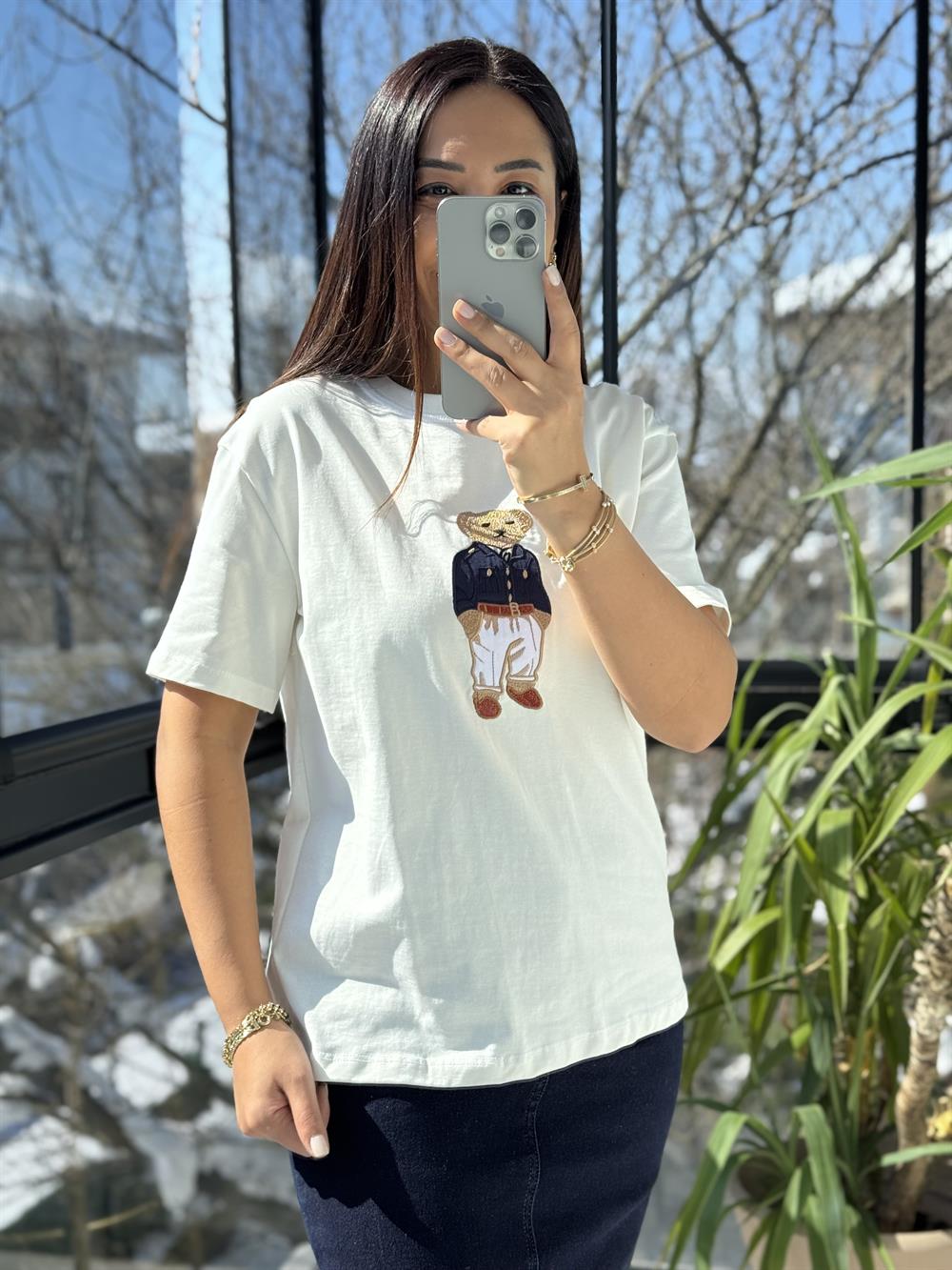 Bisiklet Yaka Teddy Tişört Ekru