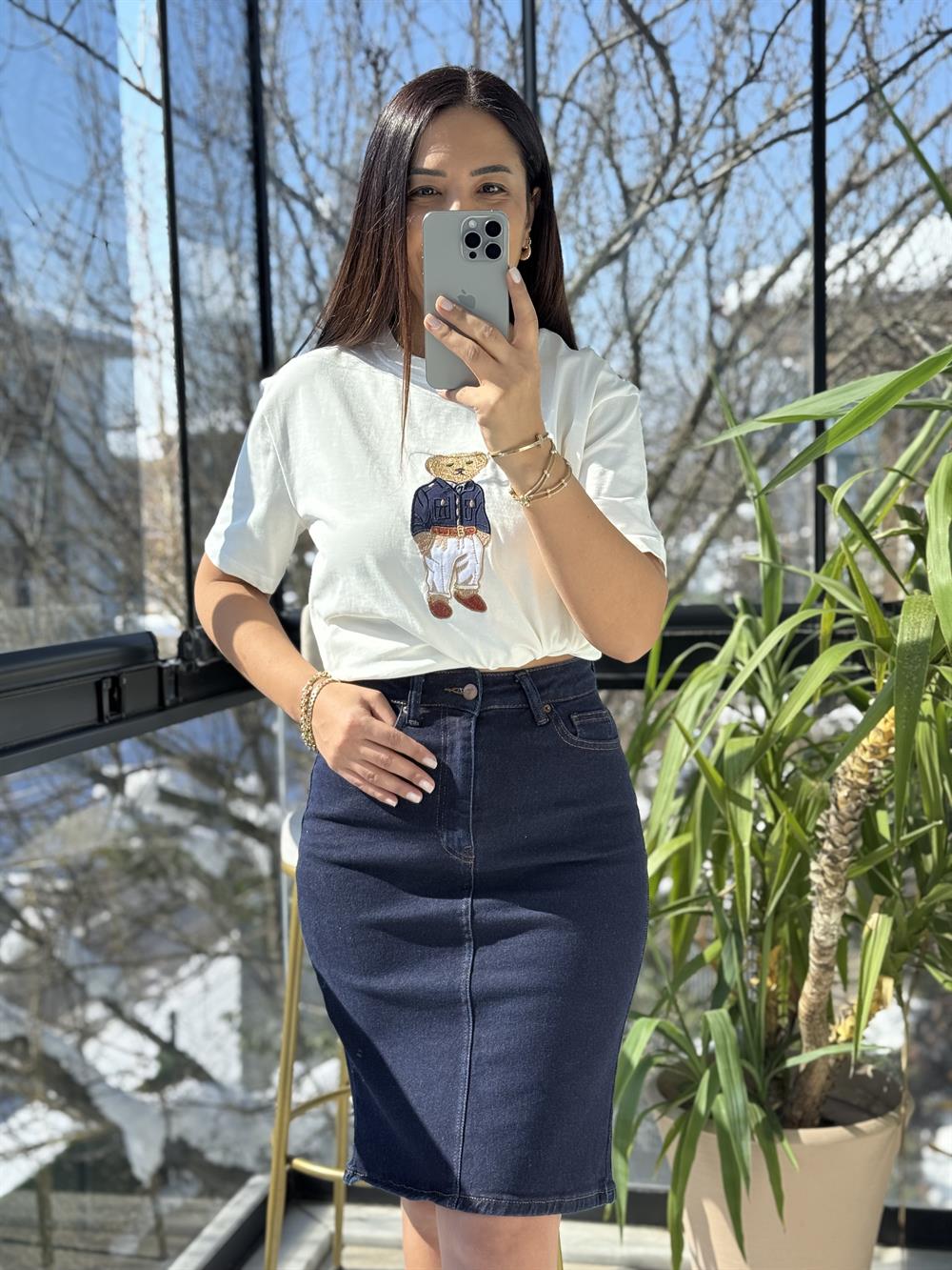 Bisiklet Yaka Teddy Tişört Ekru