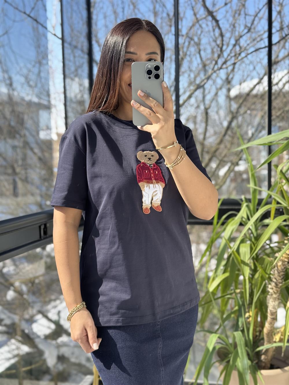 Bisiklet Yaka Teddy Tişört Lacivert