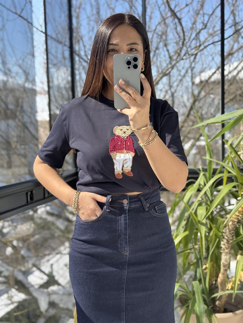 Bisiklet Yaka Teddy Tişört Lacivert