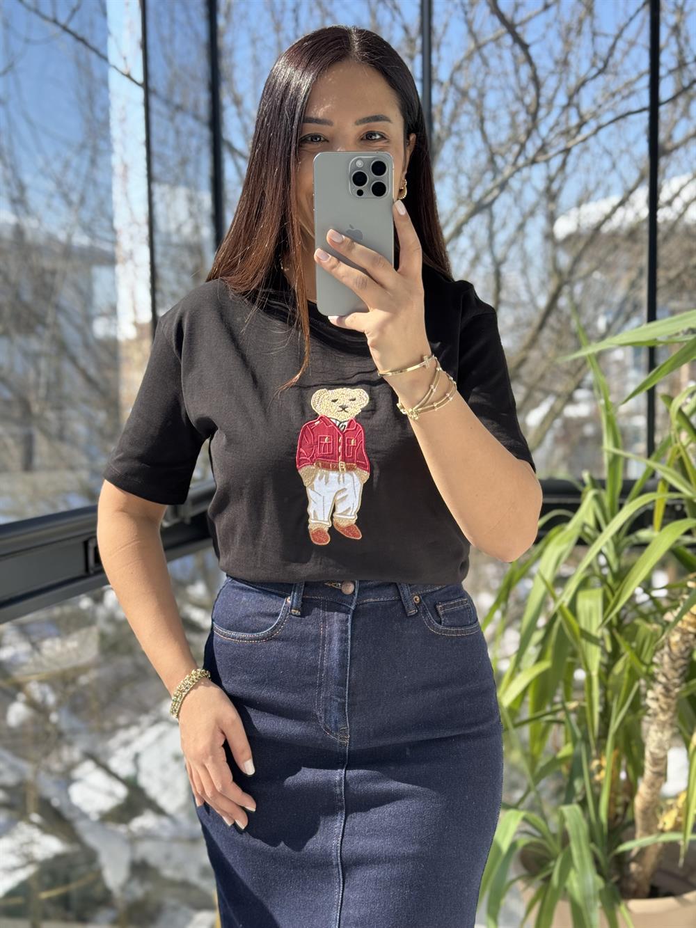 Bisiklet Yaka Teddy Tişört Siyah