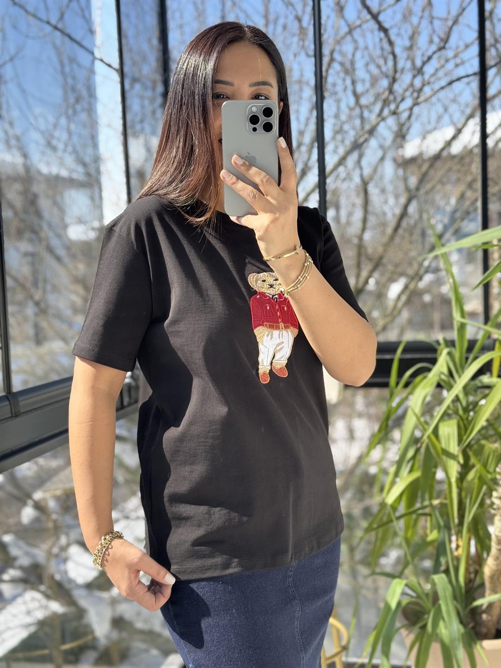 Bisiklet Yaka Teddy Tişört Siyah