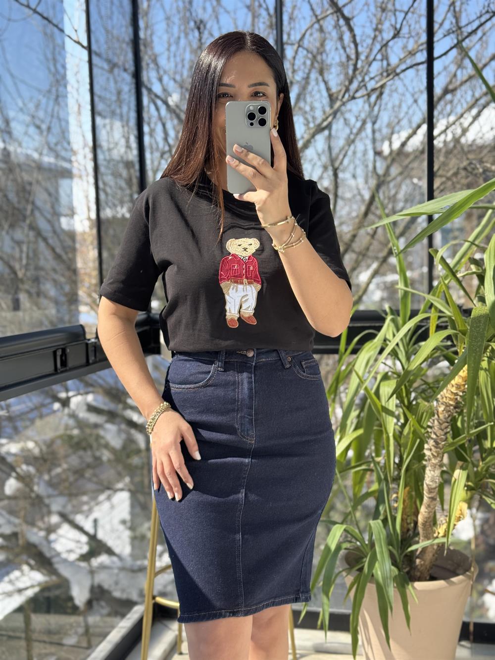 Bisiklet Yaka Teddy Tişört Siyah