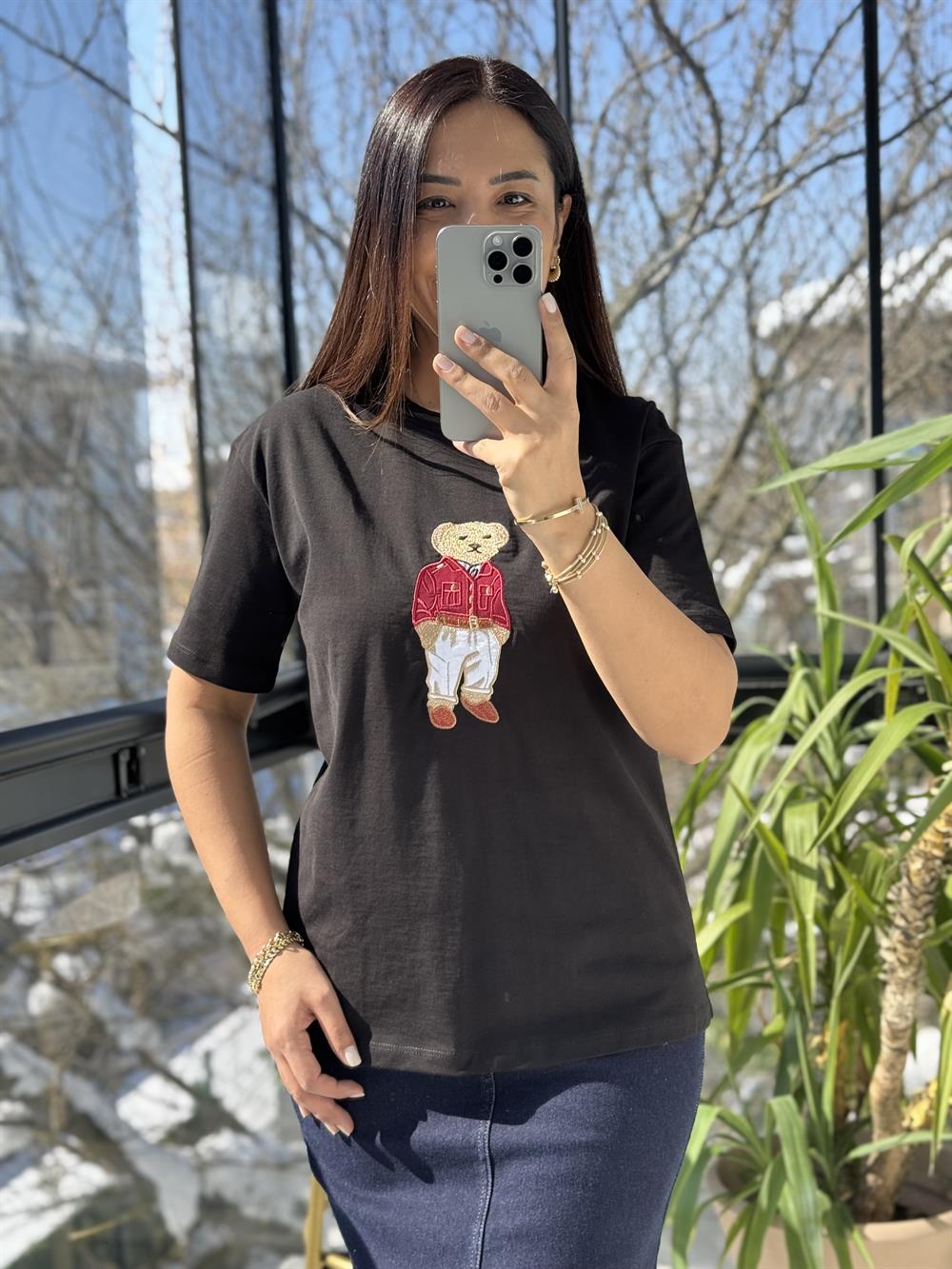 Bisiklet Yaka Teddy Tişört Siyah