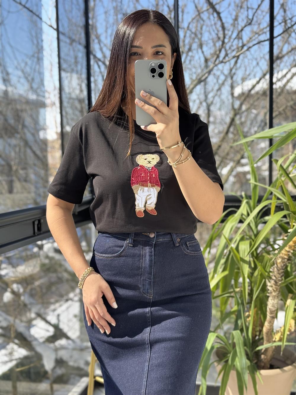 Bisiklet Yaka Teddy Tişört Siyah