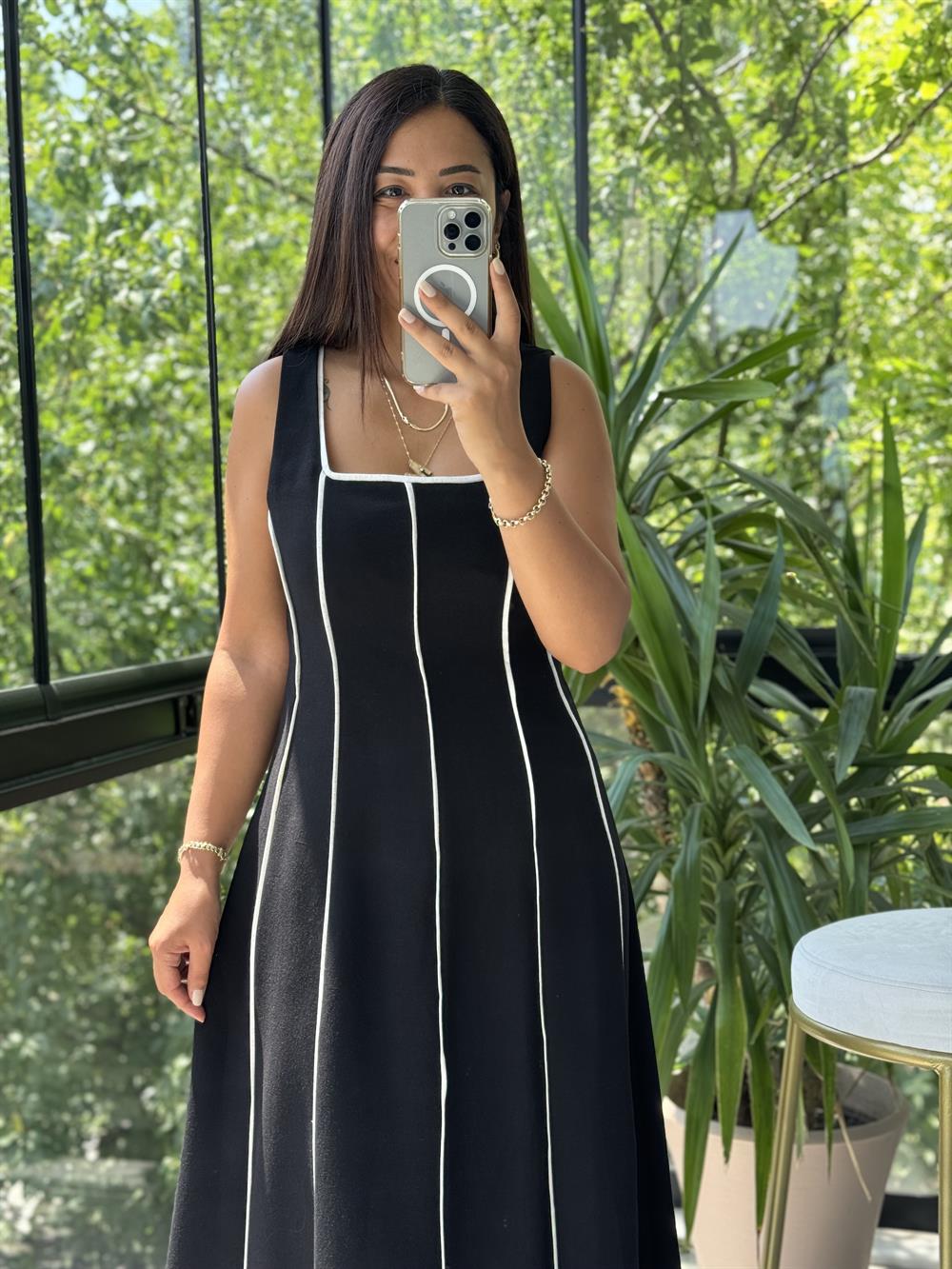 Biyeli Keten Elbise Siyah