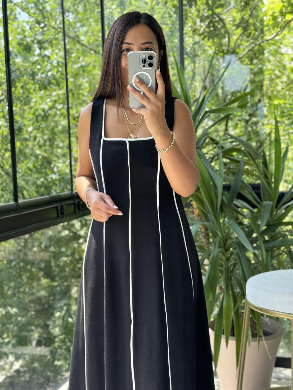 Biyeli Keten Elbise Siyah