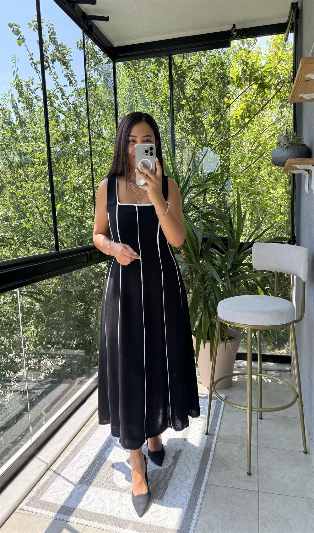 Biyeli Keten Elbise Siyah