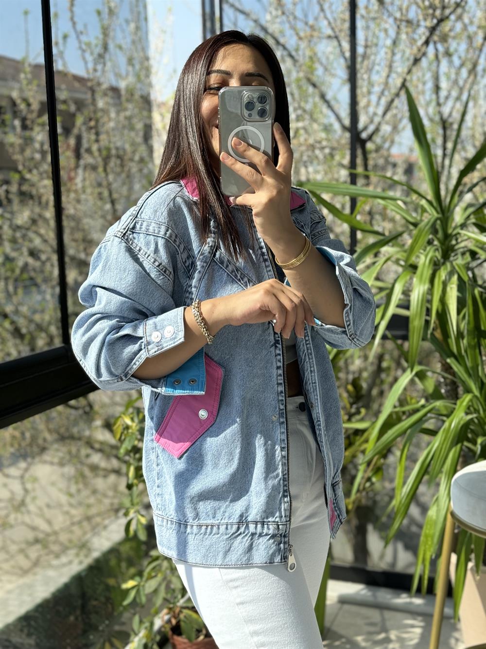 Block Renkli Kot Ceket Mavi