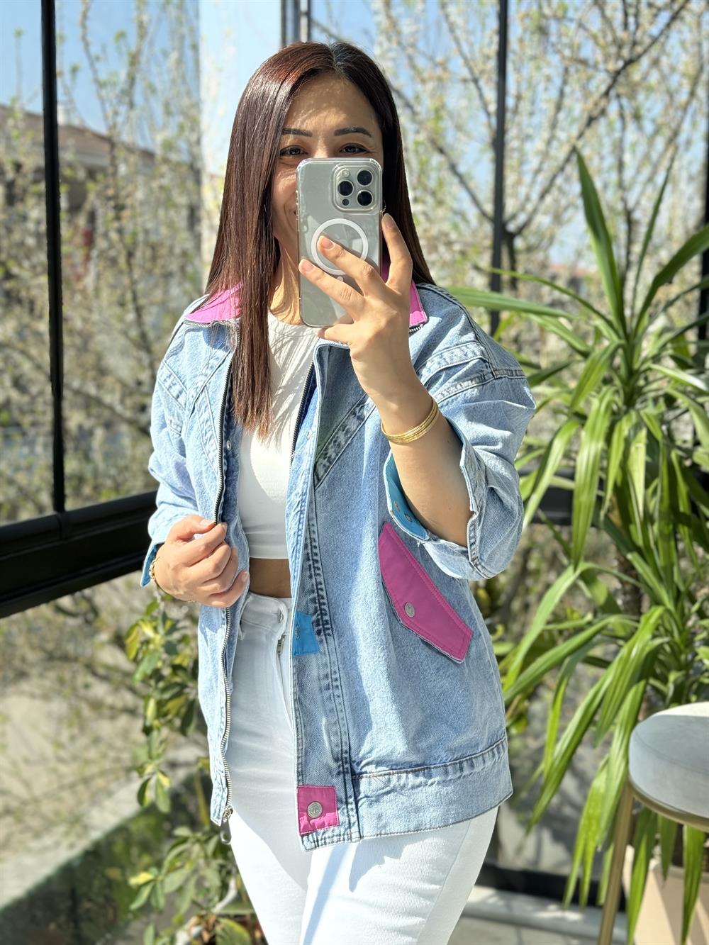 Block Renkli Kot Ceket Mavi