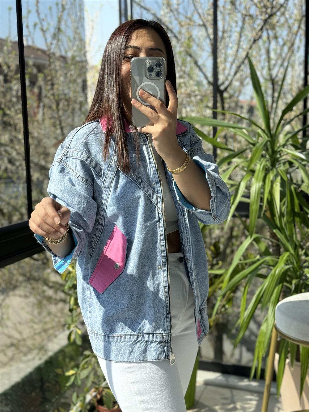 Block Renkli Kot Ceket Mavi