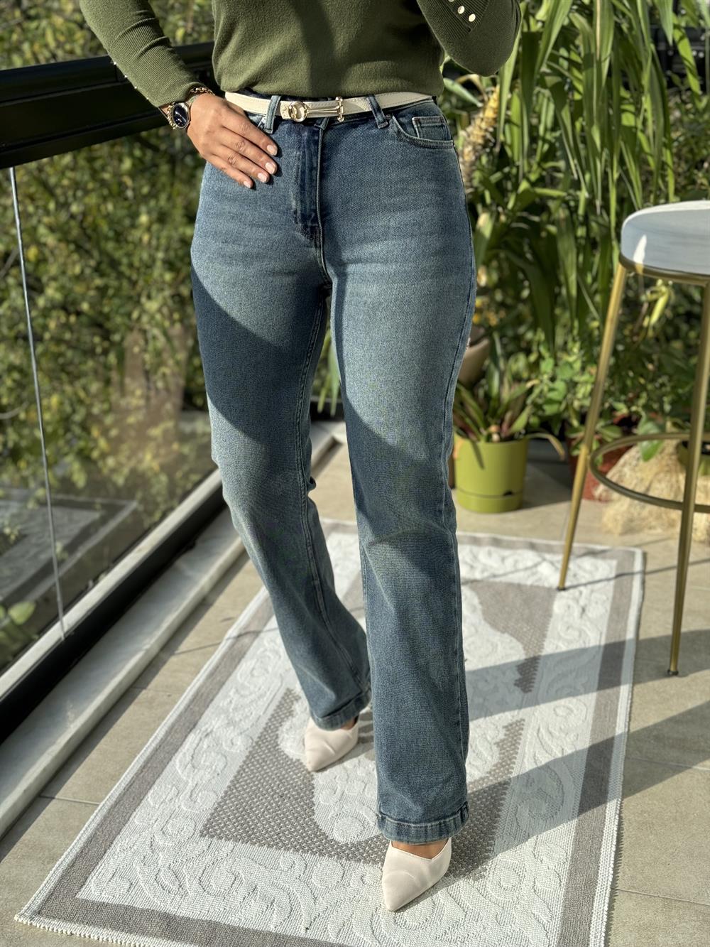 Bol Paça Relax Kot Pantolon Yeşil Yıkama