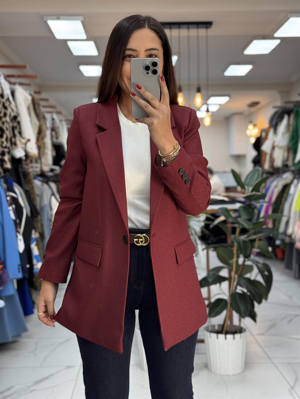 Yün Efekt Kumaş Blazer Ceket Bordo 
