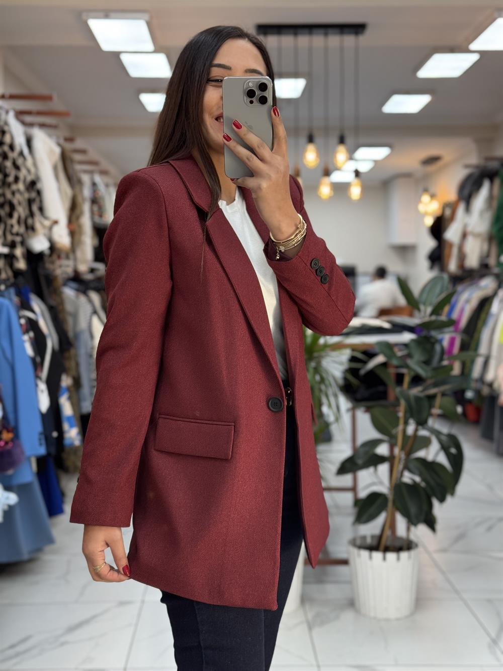 Yün Efekt Kumaş Blazer Ceket Bordo 