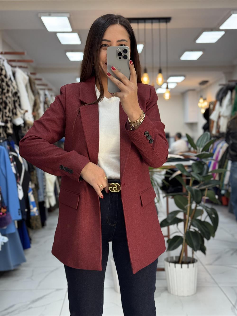 Yün Efekt Kumaş Blazer Ceket Bordo 