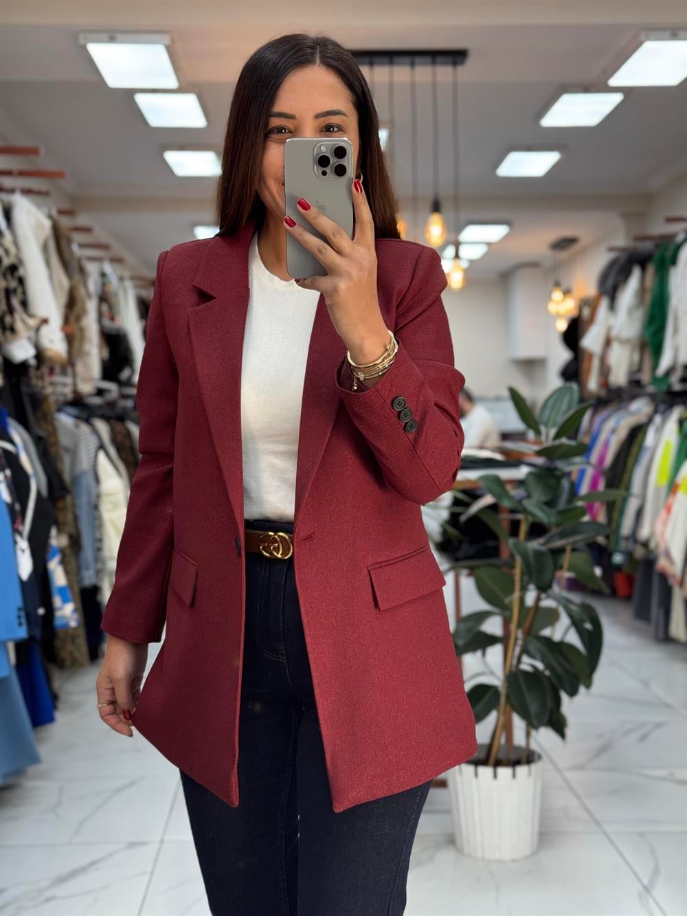Yün Efekt Kumaş Blazer Ceket Bordo 