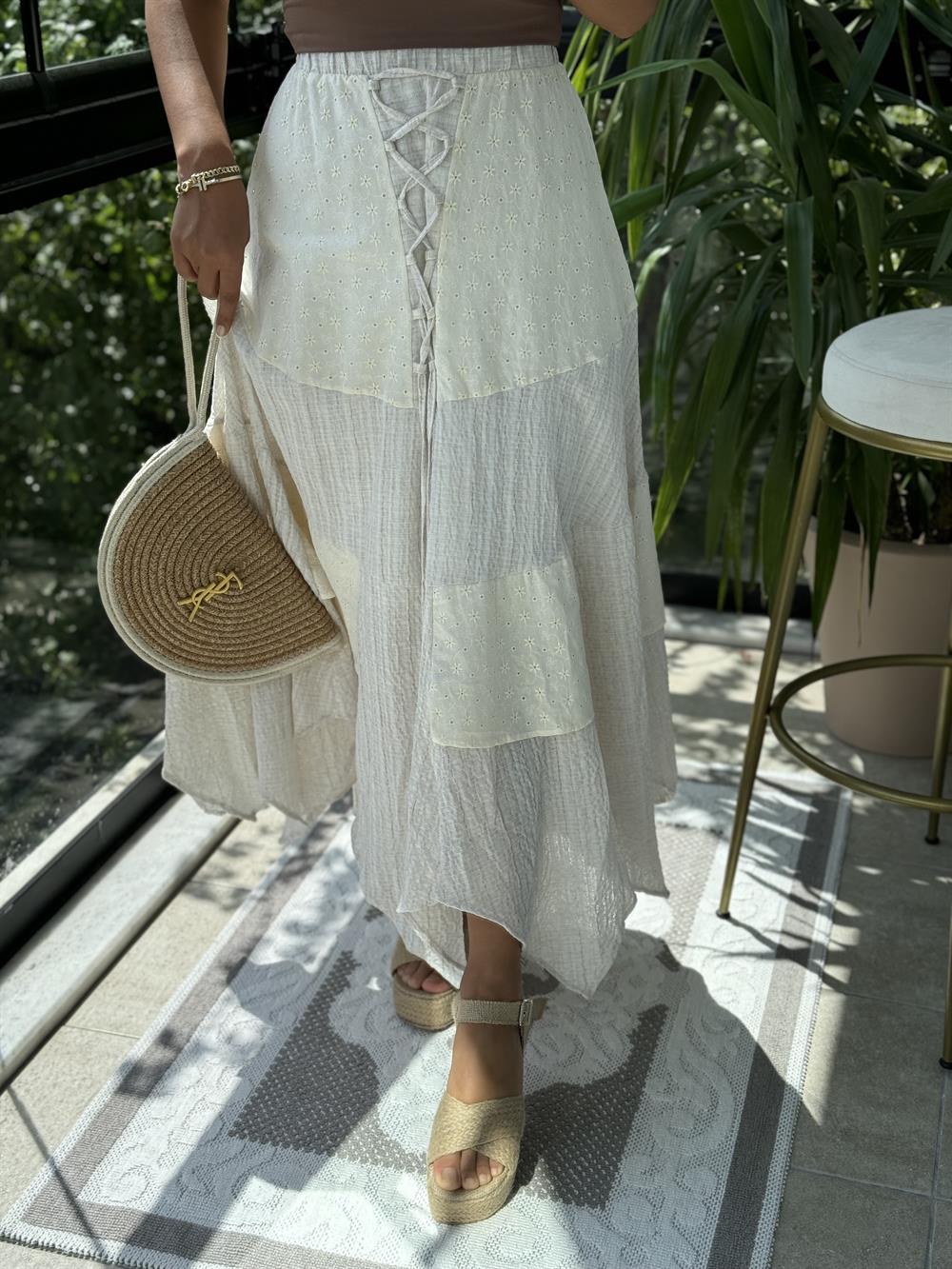 Brode Parçalı Etek Ekru