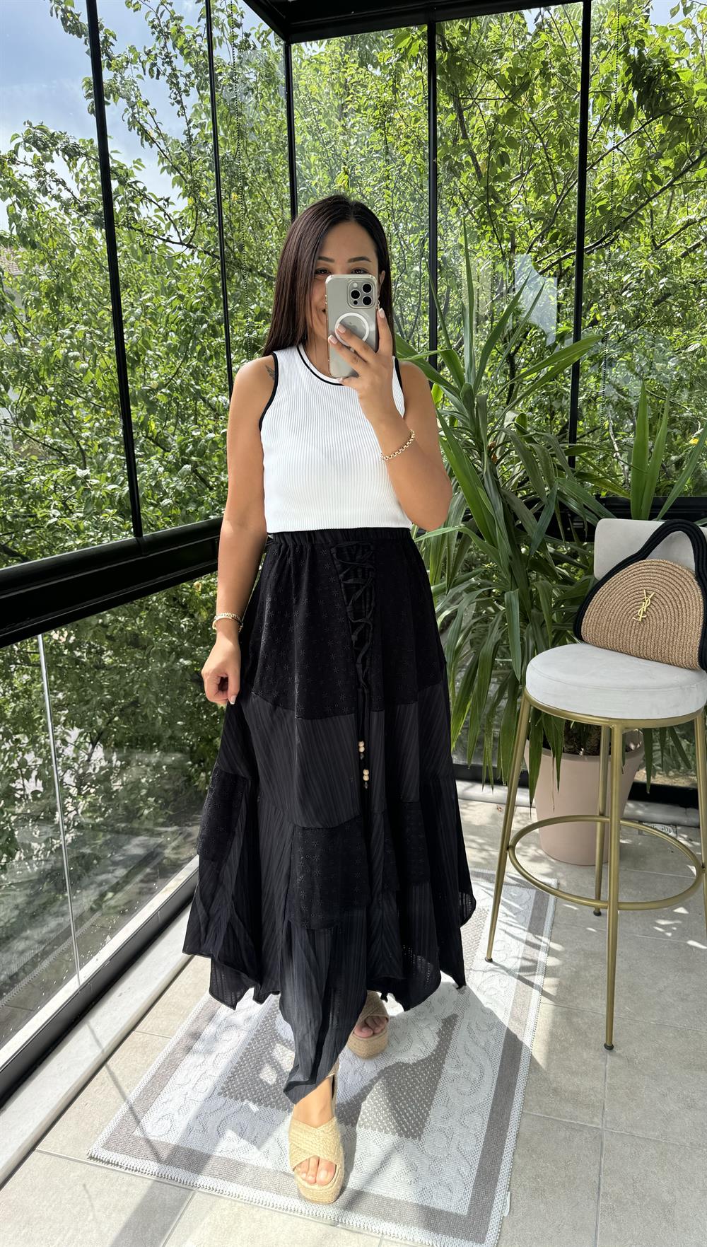 Brode Parçalı Etek Siyah