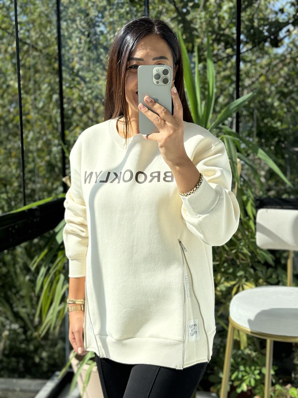 Broklyn Fermuarlı Sweatshirt Krem