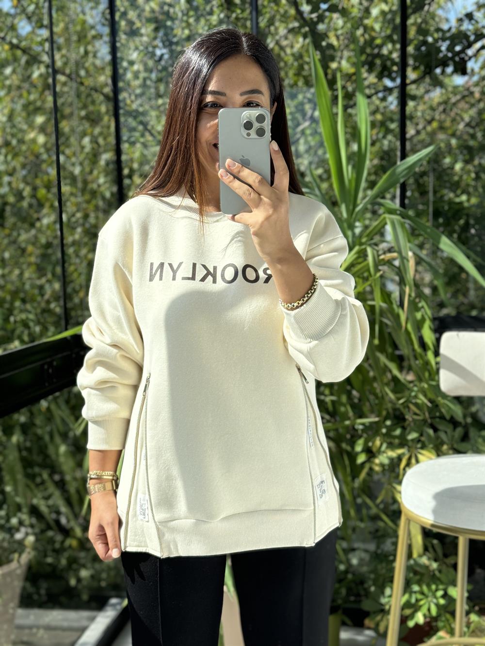 Broklyn Fermuarlı Sweatshirt Krem