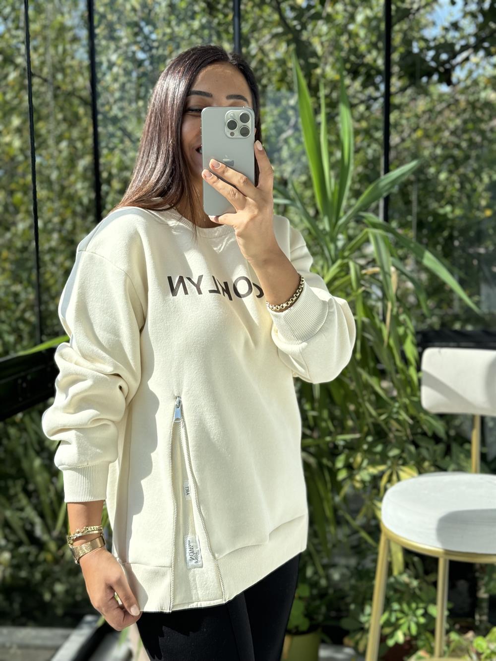 Broklyn Fermuarlı Sweatshirt Krem