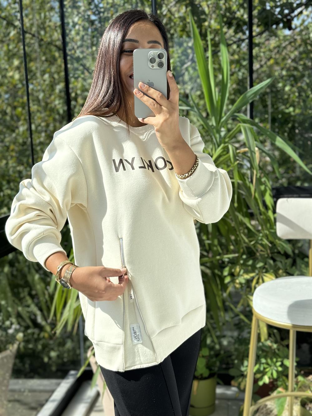 Broklyn Fermuarlı Sweatshirt Krem