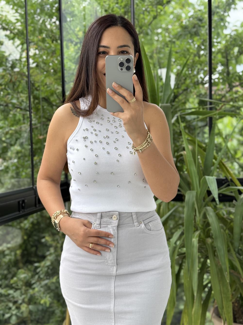 Bymen Taş İşlemeli Atlet Beyaz