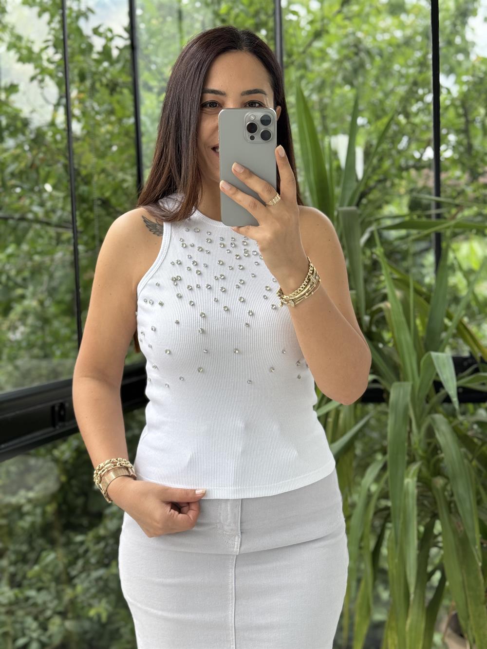 Bymen Taş İşlemeli Atlet Beyaz