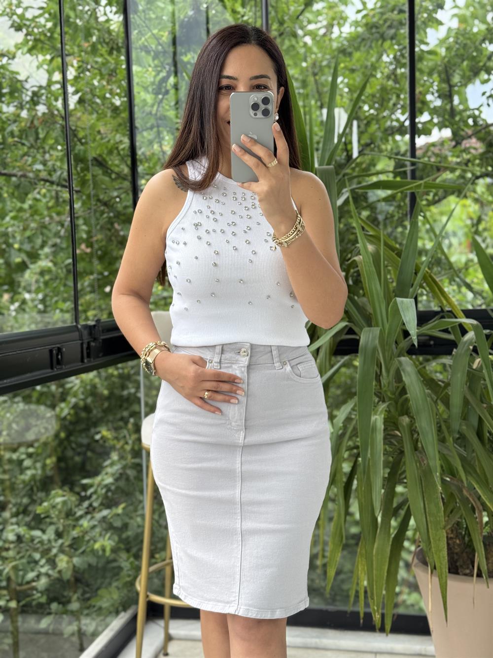 Bymen Taş İşlemeli Atlet Beyaz