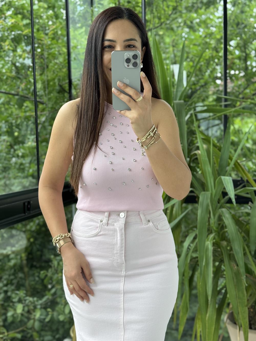 Bymen Taş İşlemeli Atlet Pembe