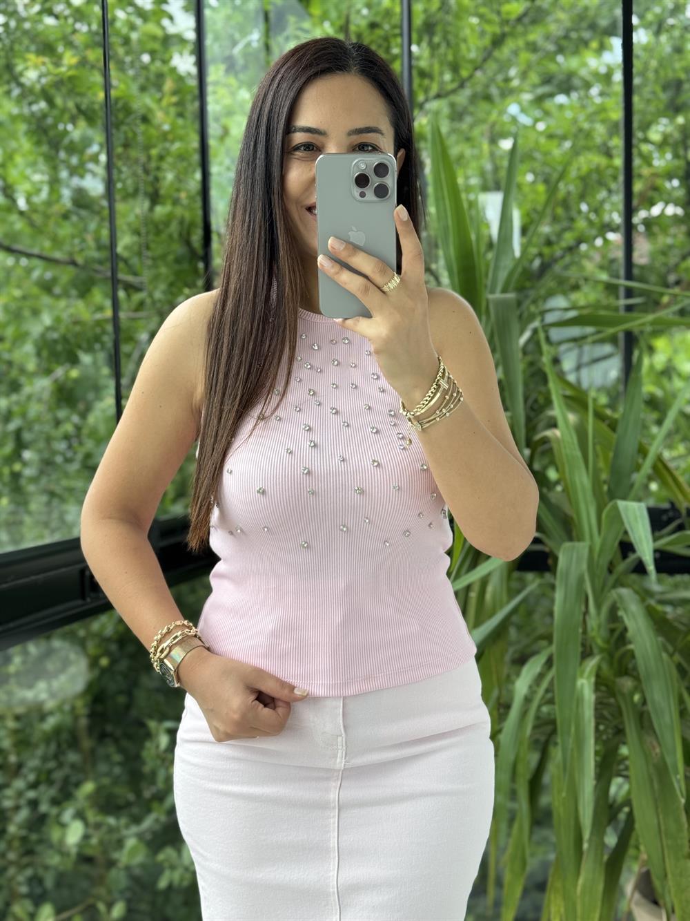 Bymen Taş İşlemeli Atlet Pembe