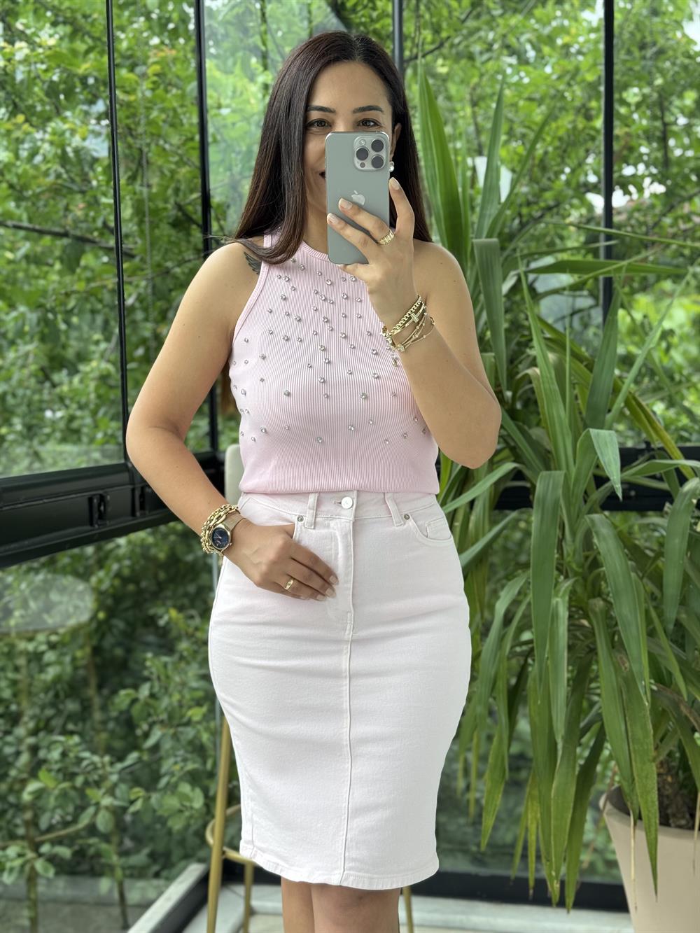 Bymen Taş İşlemeli Atlet Pembe