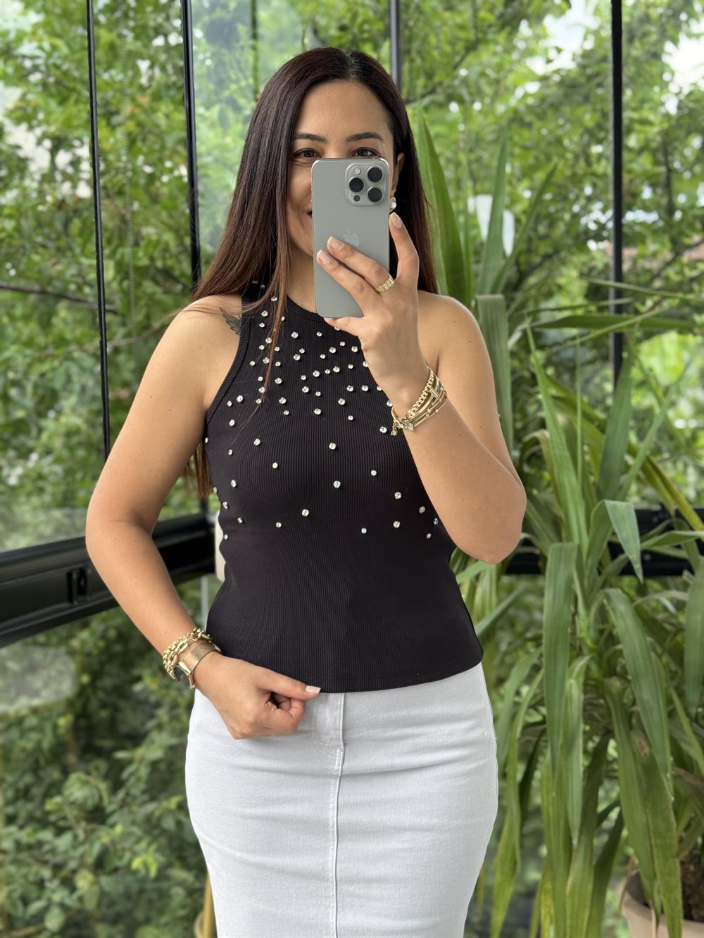 Bymen Taş İşlemeli Atlet Siyah