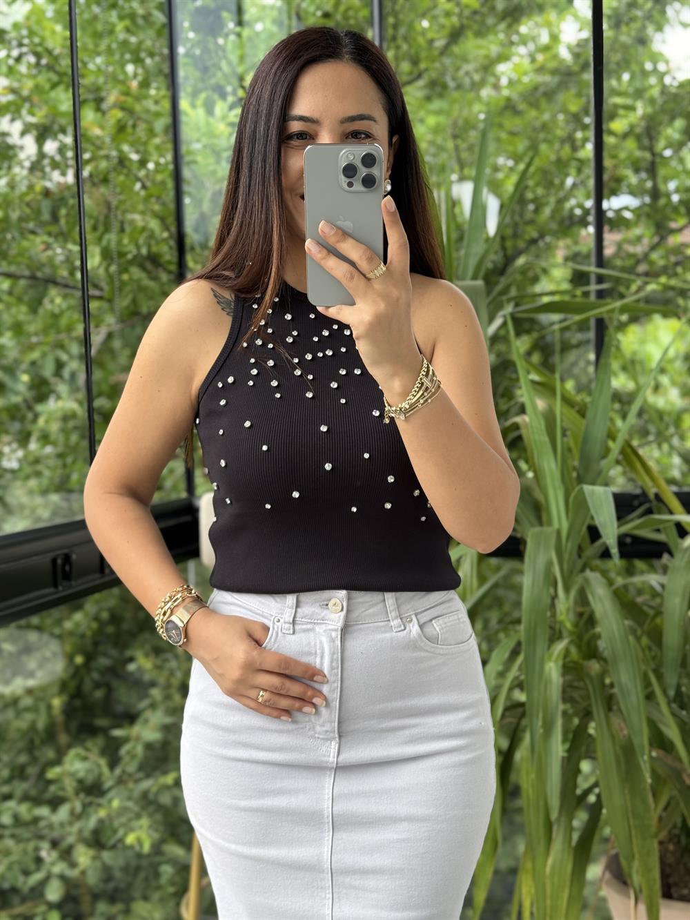 Bymen Taş İşlemeli Atlet Siyah