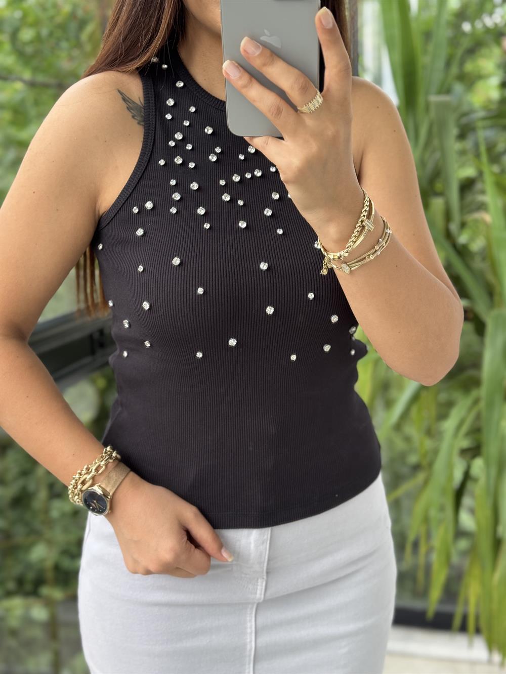 Bymen Taş İşlemeli Atlet Siyah