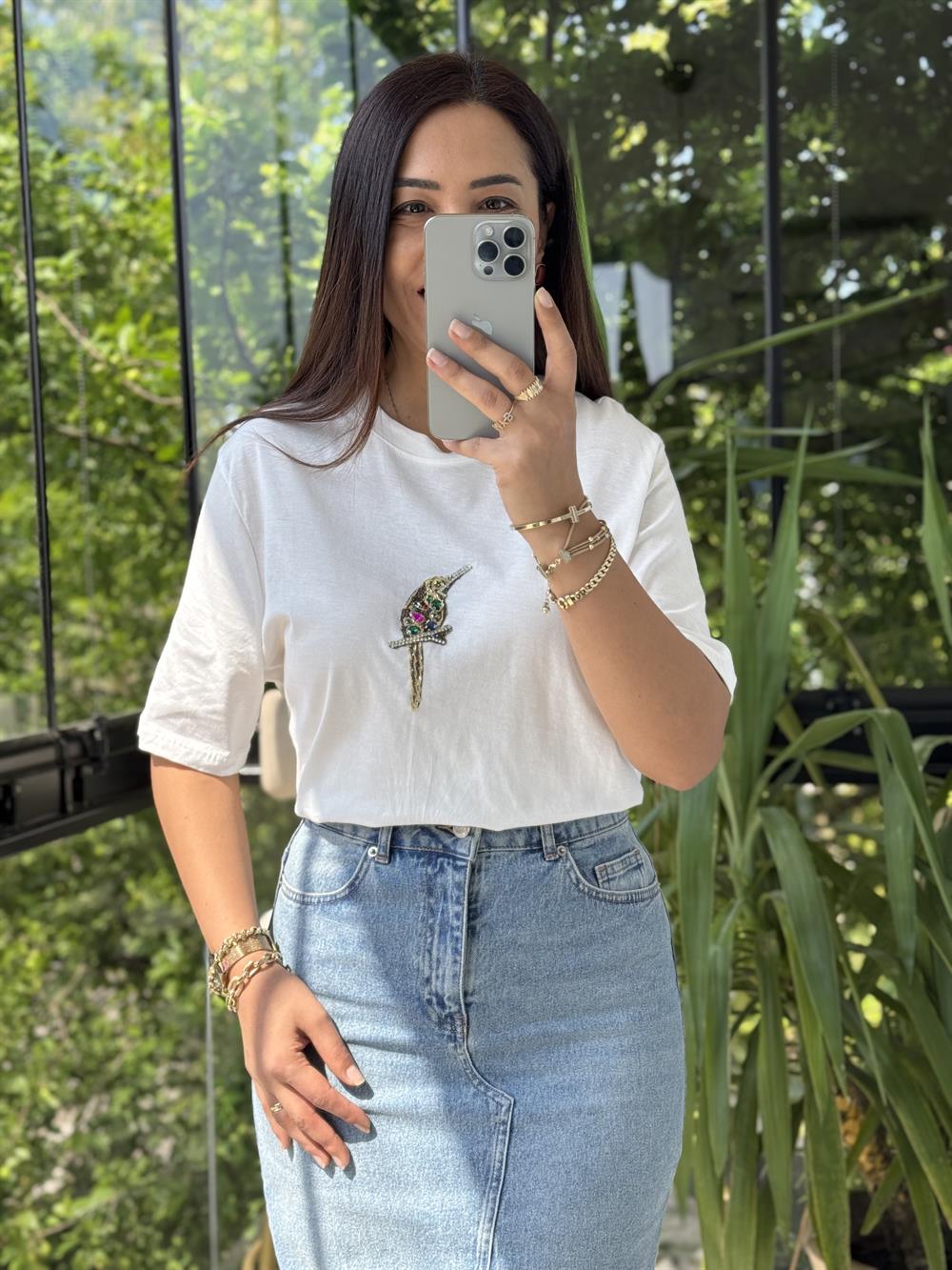 Bymn Kuş Detaylı Taşlı Tişört Beyaz