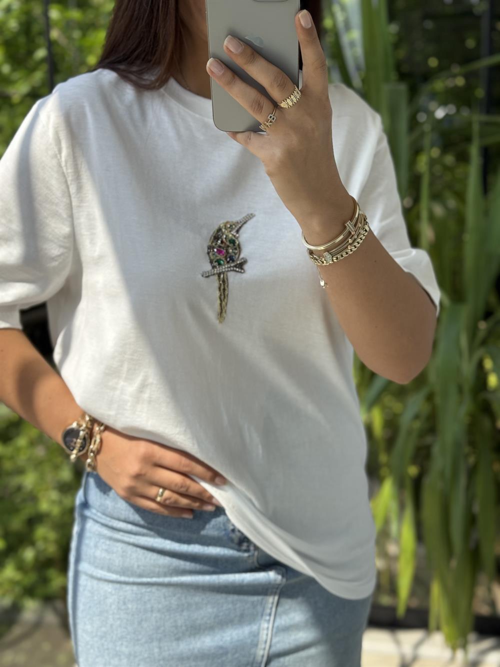 Bymn Kuş Detaylı Taşlı Tişört Beyaz