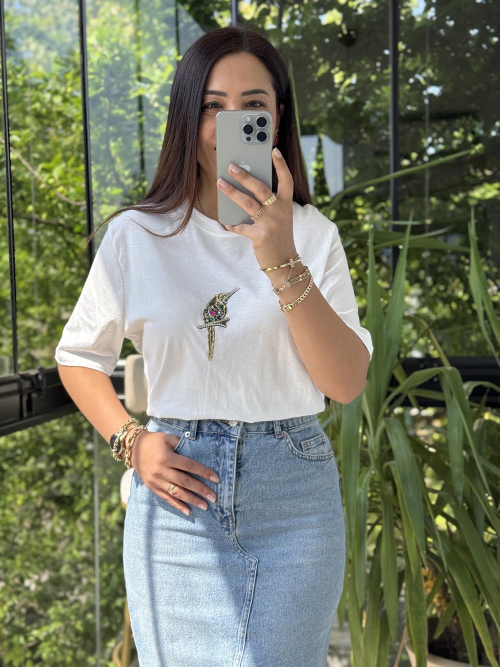 Bymn Kuş Detaylı Taşlı Tişört Beyaz