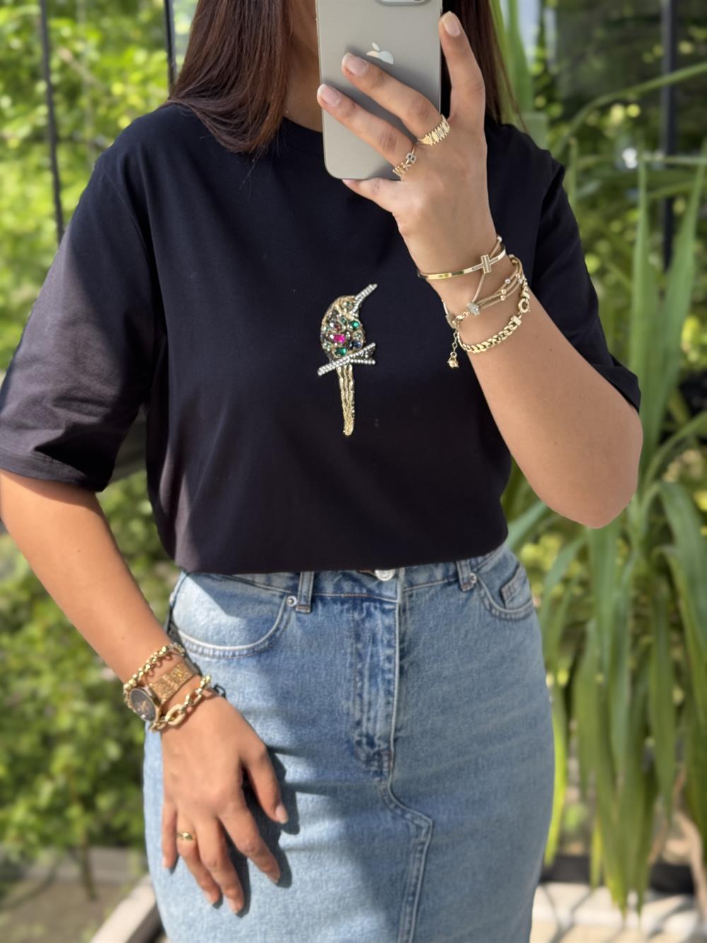 Bymn Kuş Detaylı Taşlı Tişört Siyah