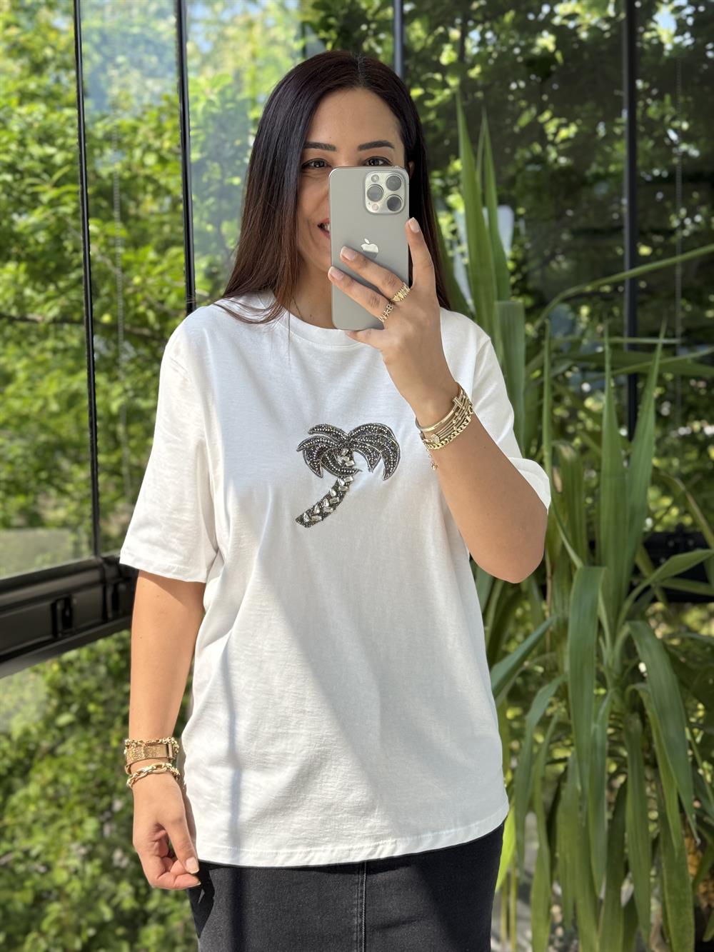 Bymn Palmiye Detaylı Taşlı Tişört Beyaz