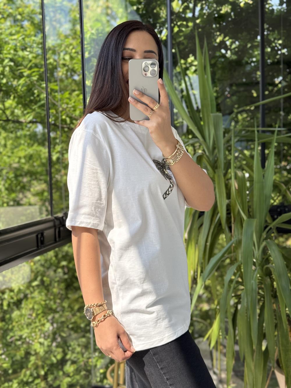 Bymn Palmiye Detaylı Taşlı Tişört Beyaz