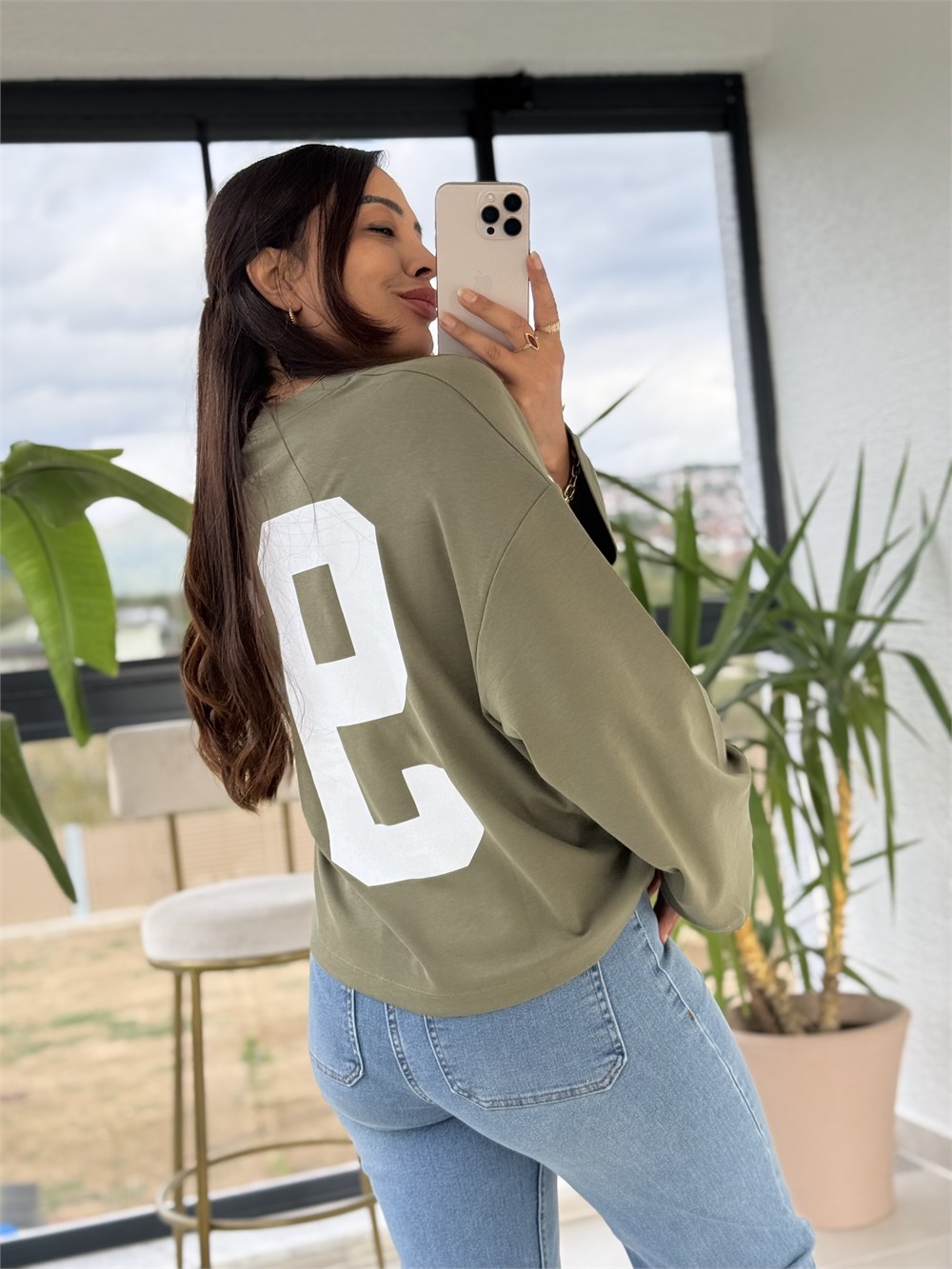 91 Baskılı Basic Sweatshirt Haki Yeşili