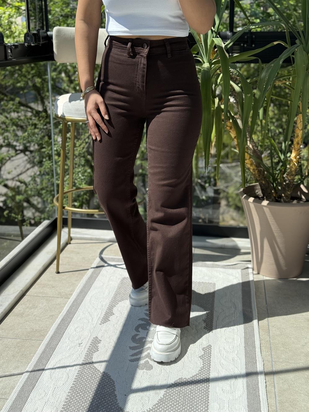 Dekoratif Cep Detaylı Palazzo Kot Pantolon Kahve