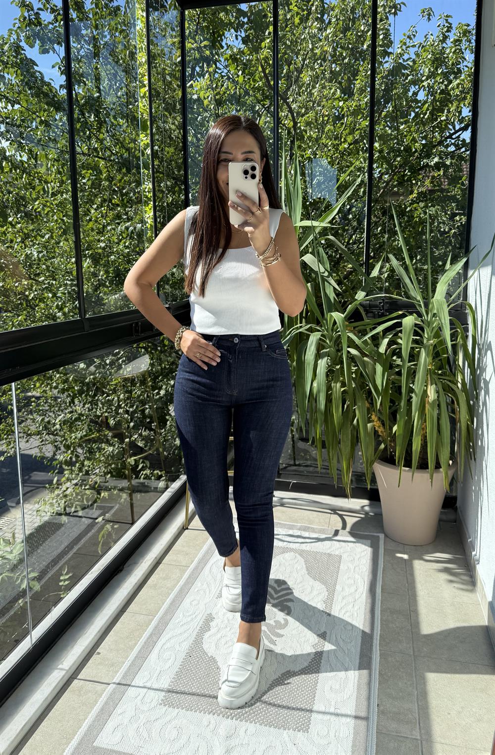 Toparlayıcı Skinny Jean Slaplı Lacivert