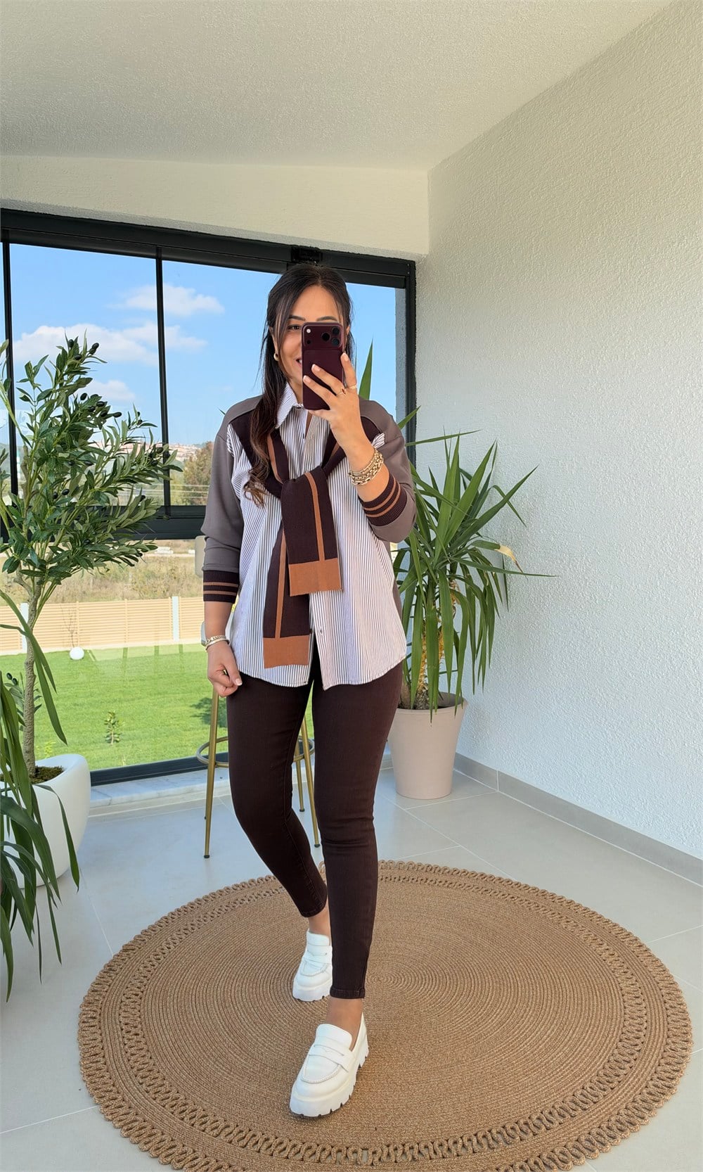 Twst Model Çizgili Bağlamalı Gömlek Kahve
