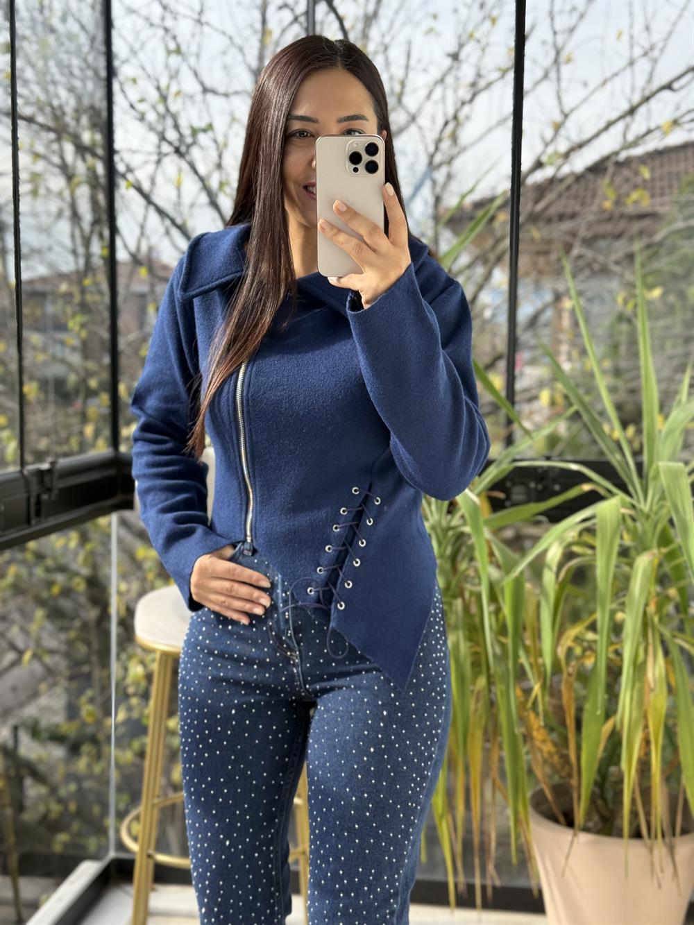 Bağcıklı Yan Yana Triko Ceket Lacivert