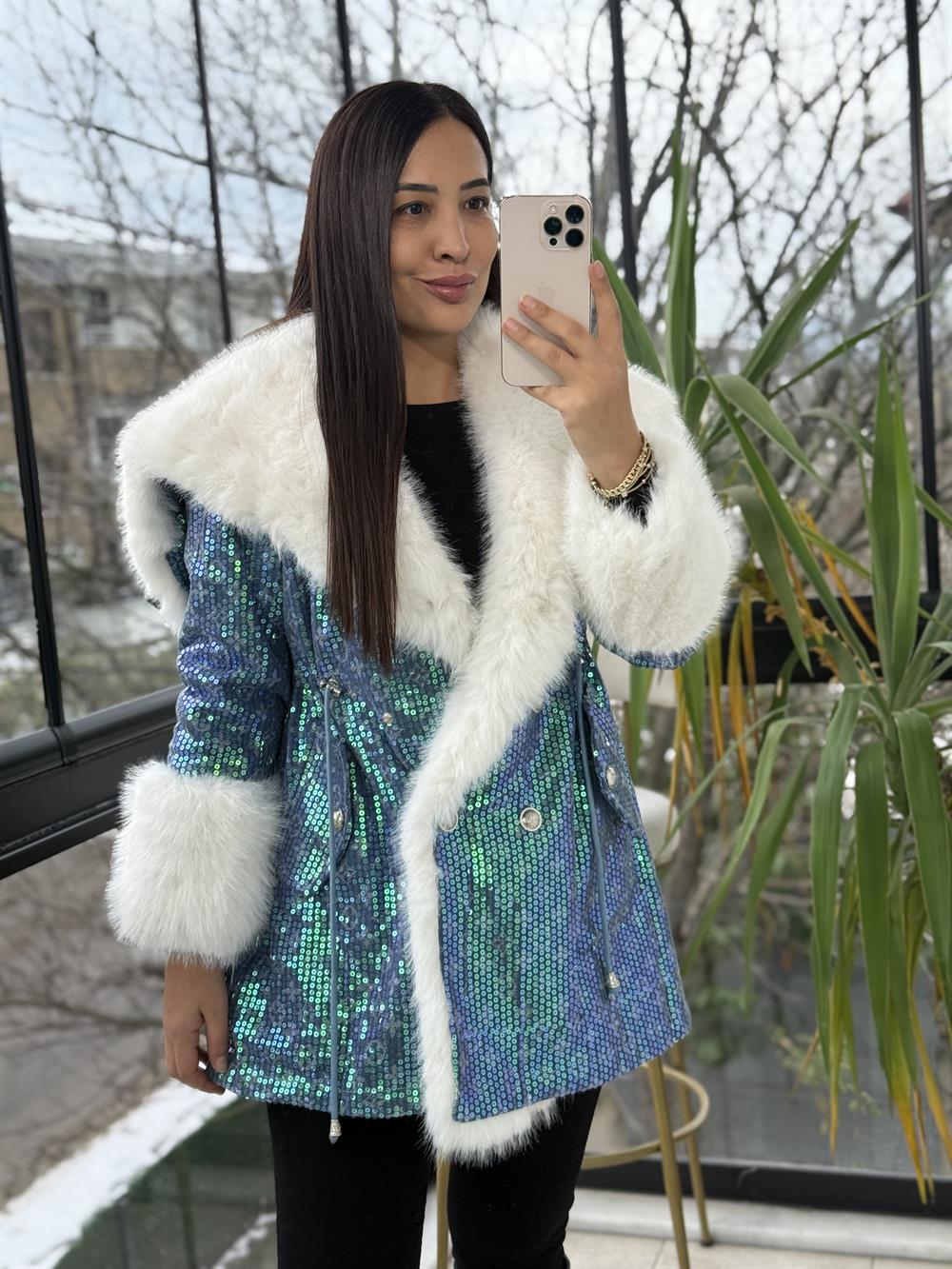 İthal Full payetli Kürk Mavi