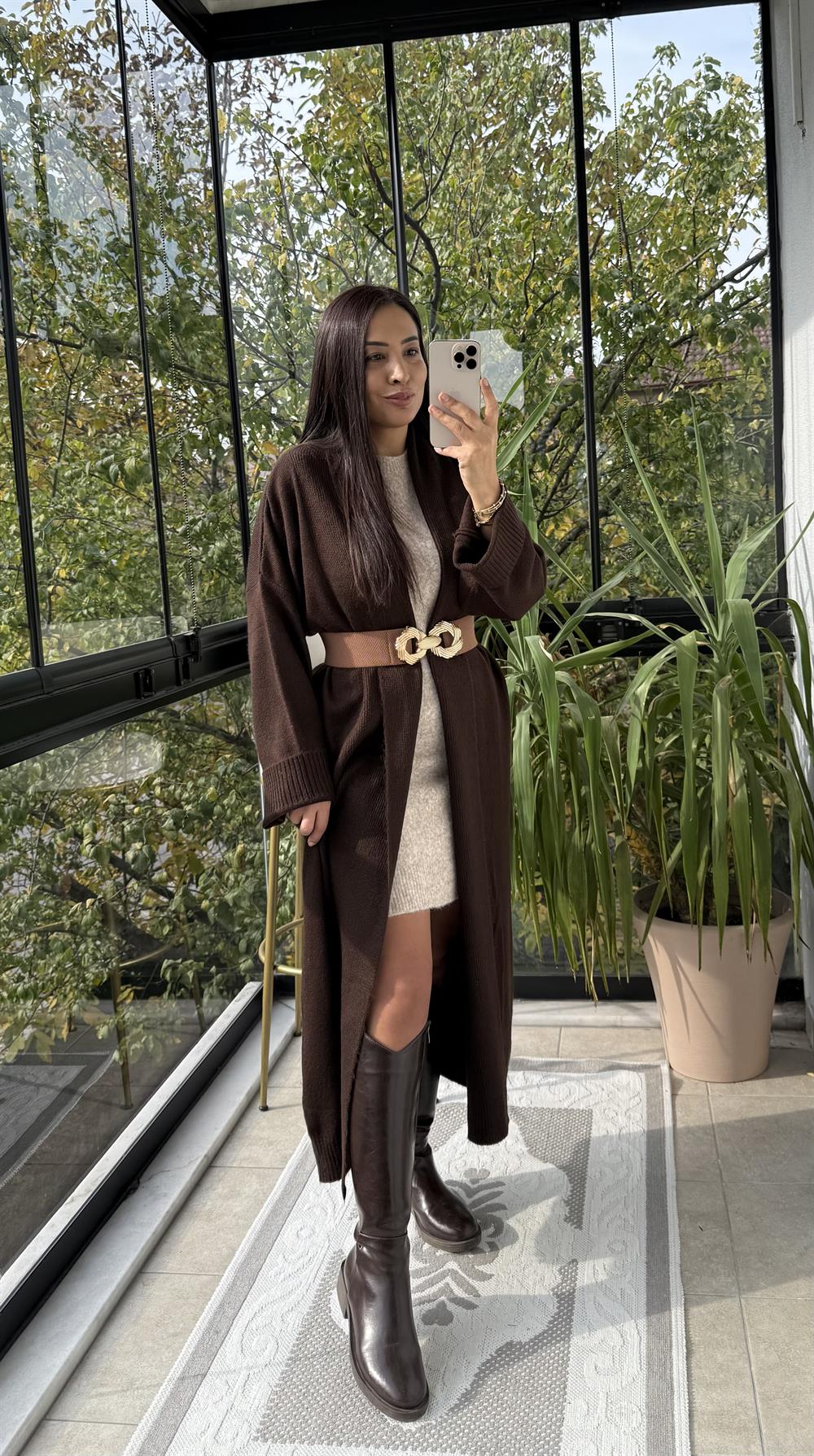 Şal Yaka Uzun Hırka Kahve