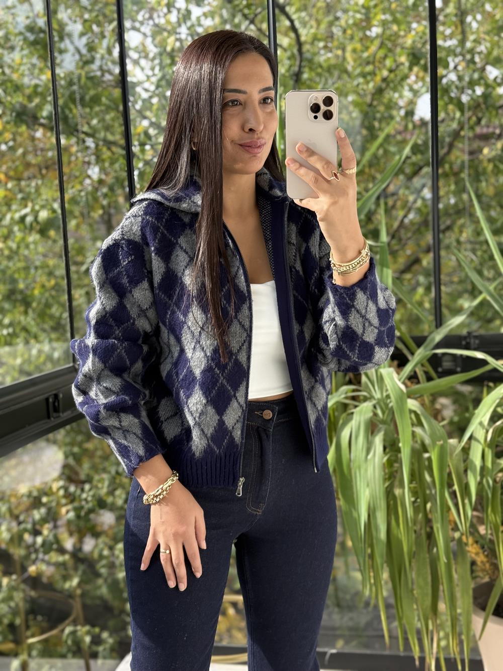 Yakalı Fermuarlı Baklava Hırka Lacivert