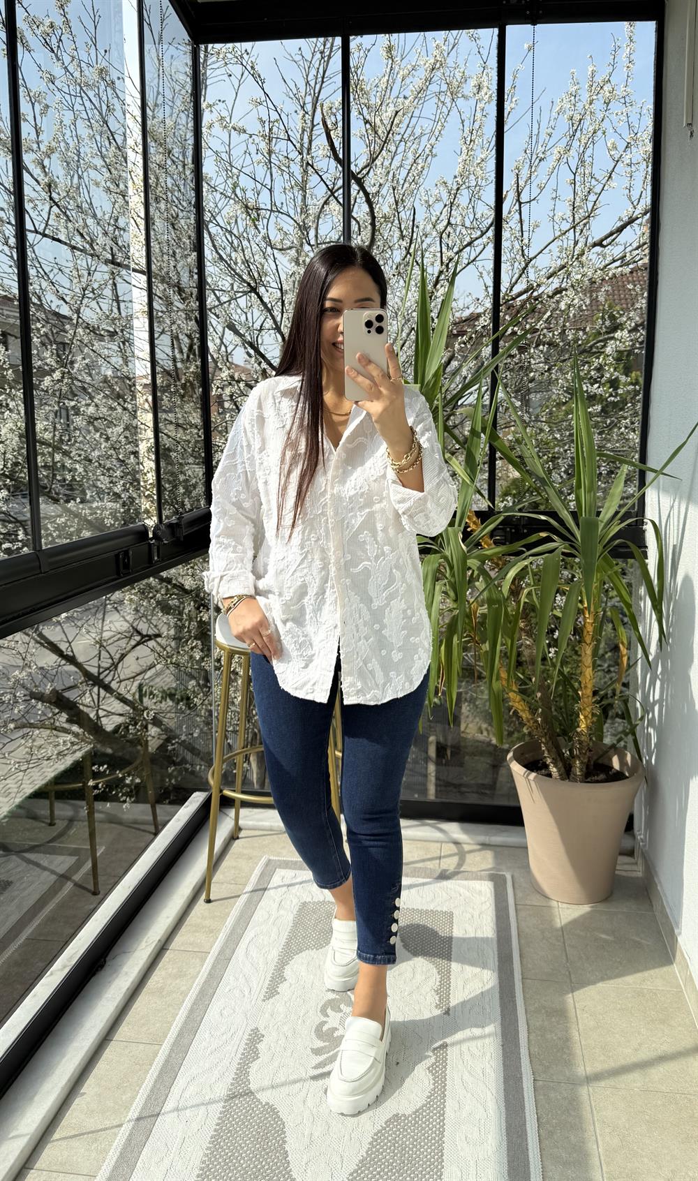 Kabartmalı Çizgili Pamuklu Gömlek Bej